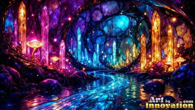 Tall crystal spires shine in yellow and purple beside a stream in a deep cave tunnel