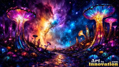 Giant mushrooms rise along a stone path under a starry sky filled with bright purple clouds