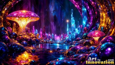 Bright mushrooms and shiny blue crystals stand beside water inside a cave