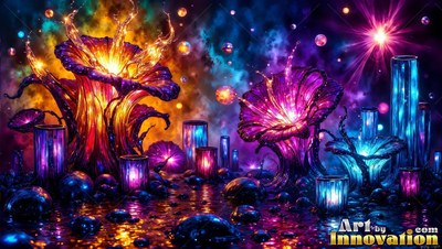 On a dark wet ground, purple and orange glass flowers stand near lanterns