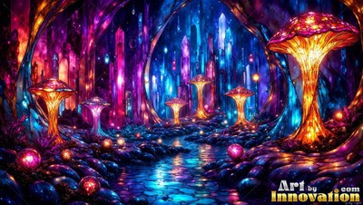 Winding past bright crystal pillars, a blue stream runs by tall clear glass mushrooms