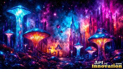 Bright mushrooms stand under a starry purple and blue sky