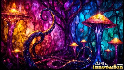 Curled dark purple stems rise beside bright yellow mushrooms in a forest of tinted glass