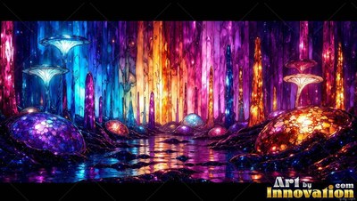 Glass mushrooms and tall spires rise from dark water under bright purple light