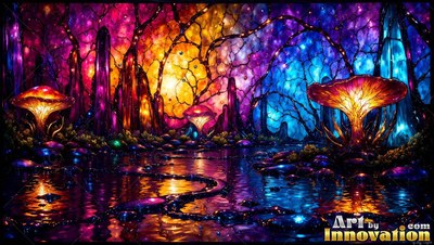 Sprouting upright by dark water, bright mushrooms stand under glass trees