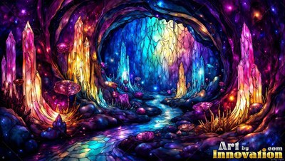 A dim cave with tall pink crystals and a blue stream running through it