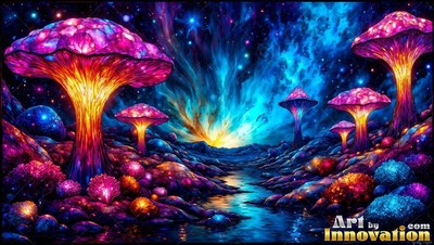 Under a bright cosmic sky, giant purple mushrooms line a stream