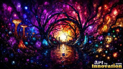 Arching over dark water, dark trees frame a bright yellow sunset and mushrooms