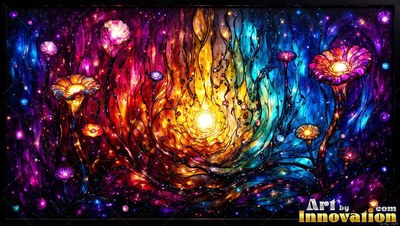 Bright flowers growing around a yellow light in space