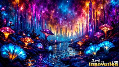 Bright blue-veined mushrooms line a river winding past crystal spires beneath a colorful sky