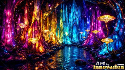 Crystal spires and mushrooms rise along a stream, lit up in bright pink and cyan glass