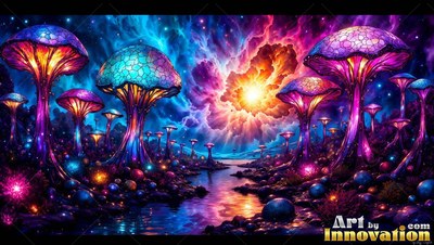 Standing tall beside dark water, purple tinted glass mushrooms rise under a bright sky