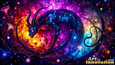 A horned blue dragon curls among tiny pink mushrooms against a starry sky