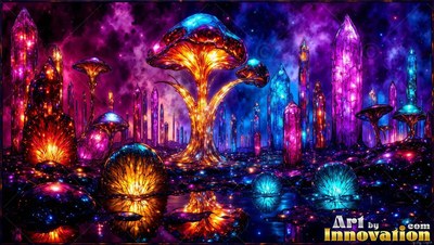 In a dark alien field, bright stained clear glass mushrooms stand beside tall crystals