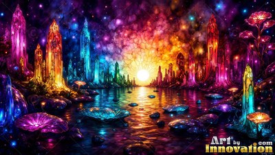 Rising beside a calm lake, crystal spires shine under a bright orange sunset and starry sky