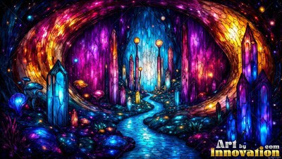 Leaded glass cave with purple crystals and a blue river