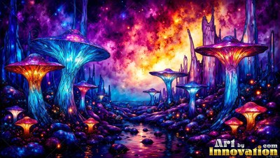 Blue and orange mushroom caps rise over dark rocky ground beneath a bright starry sky