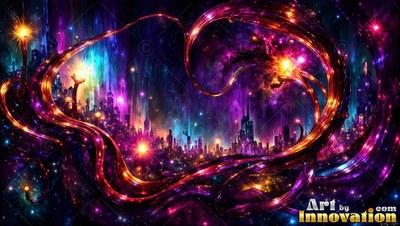 A dark alien city sits under curling purple ribbons with points of bright yellow light