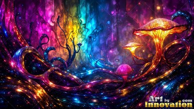 Curving upward in a cave, bright mushrooms shine in purple and gold light