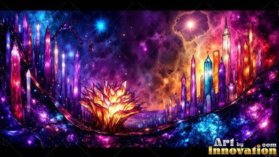 A bright crystal flower sits between colorful towers under a starry purple sky