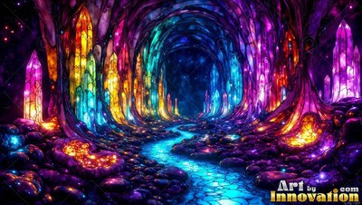 In a colored glass cave, colorful crystal spires line a bright blue path