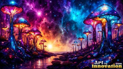Sprouting beside dark water, tall mushrooms shine under a purple sky