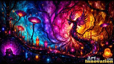 A tinted glass dragon rises over pink and blue alien plants