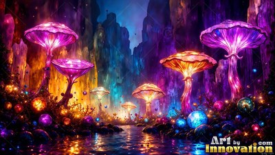 Bright purple caps crown tall mushrooms growing along dark water near cliffs