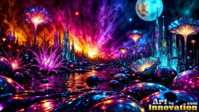 Colored glass mushrooms rise across a dark field lit by bright purple and blue sky fire