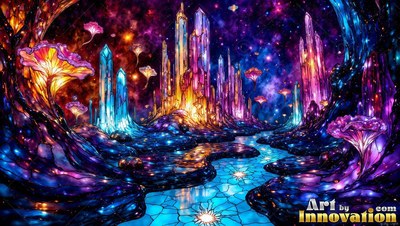 Rising upright in a night valley, crystal spires stand by a bright blue stream