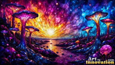 Tall stained clear glass mushrooms grow along water under a bright colorful sky