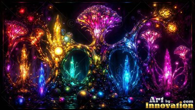 In a cave, bright glass mushrooms and crystals shine in rainbow colors