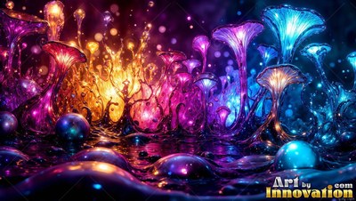 Sprouting from dark bubbles, bright pink and blue mushrooms rise like glass flowers