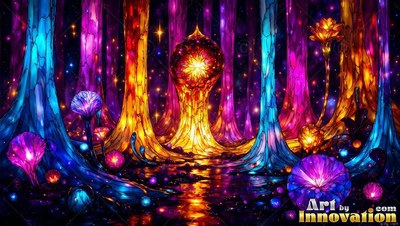 Bright mosaic glass forest with colorful mushrooms