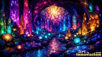 Pointed pink and blue crystal spires rise beside a shallow stream inside a dim cave