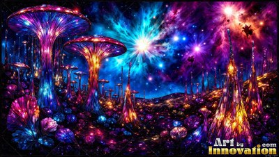 Tall clear glass mushrooms stand on a dark field under bright blue and purple stars