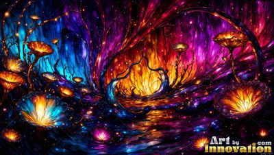 Spreading wide across a dark alien garden, bright glass flowers shine in blue and gold
