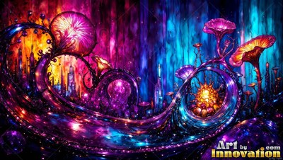 Bright tinted glass mushrooms curl over small towers under pink and blue light