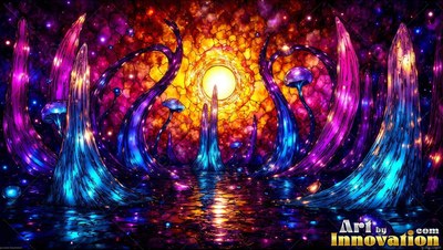 Under a yellow sun, blue glass spires and purple mushrooms rise from dark water