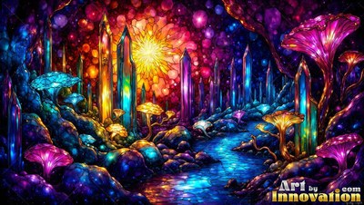 Rising along a blue stream, tall glass crystals stand beside bright mushrooms
