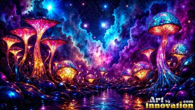 Bright purple and blue stained colored glass mushrooms under starry night clouds