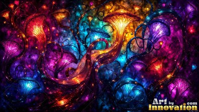 Flared mushroom caps shine in bright orange and purple across a dark space with swirling vines