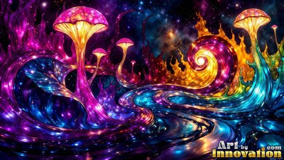Tall mushrooms rise from a swirling landscape illuminated in bright neon hues