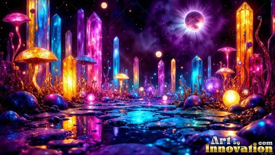 Seen from ground level, tall purple and blue crystals stand under a dark sky
