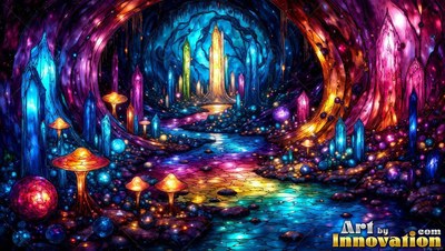 Bright crystals and mushrooms line a colorful stream inside a dim cave