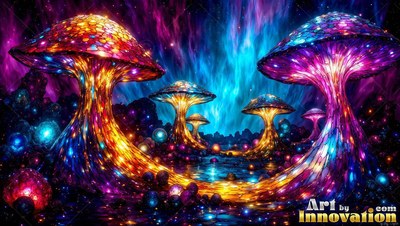 Under blue and purple sky, giant glass mushrooms shine with bright colors