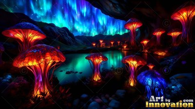 Shining beside a dark pond, red giant mushrooms stand under northern lights