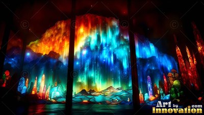 Mosaic glass mountain under bright blue and orange aurora lights