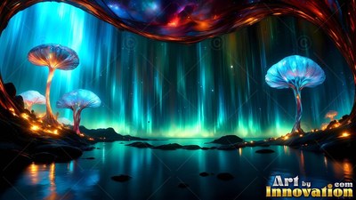Lined blue caps top tall mushrooms standing along dark water beneath bright northern lights