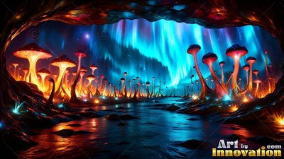 Tall orange mushrooms sprout along a dark river beneath bright blue northern lights